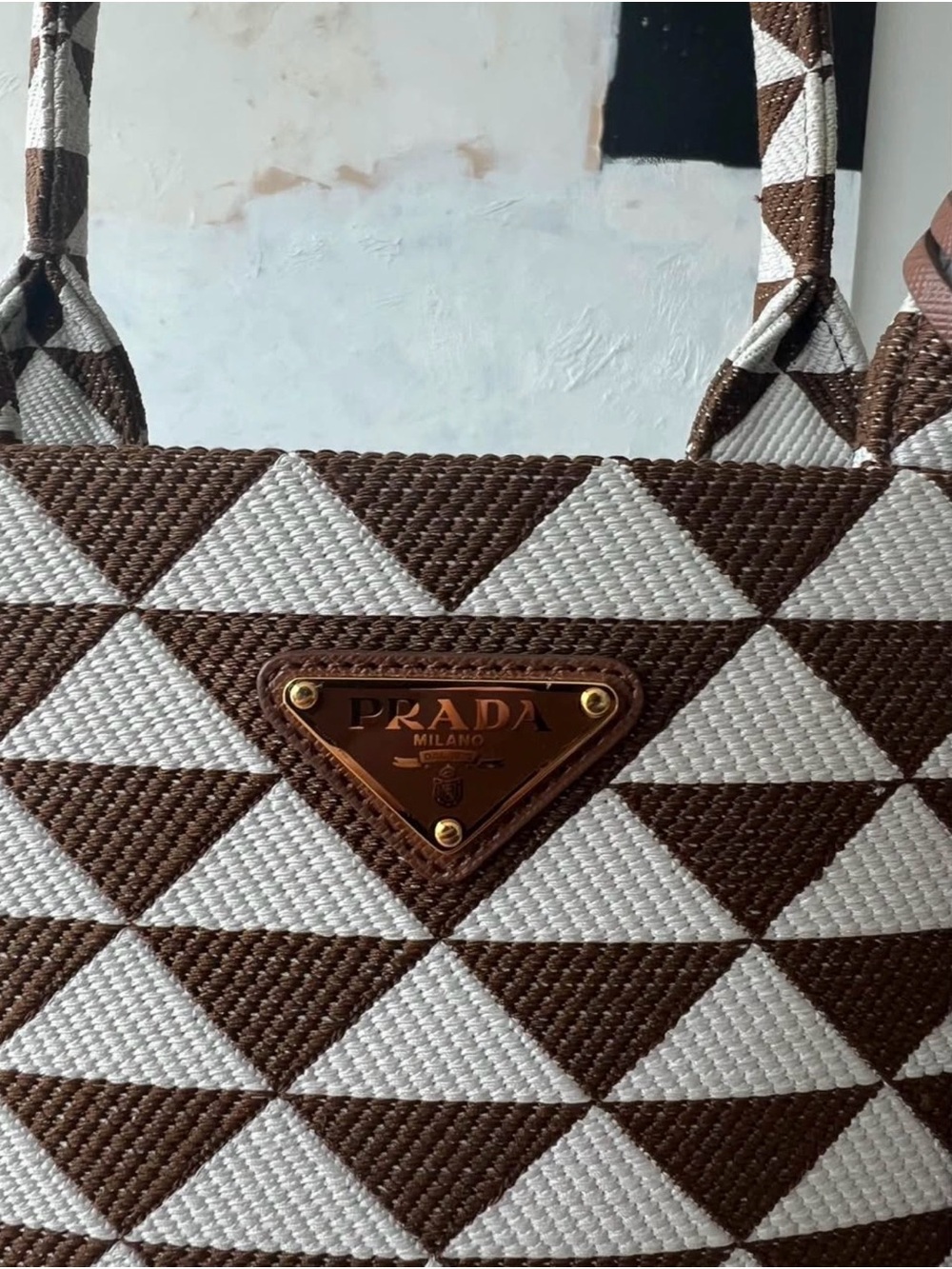 Prada Symbole Large Brown & White Geometric Tote Bag - Picture 2 of 7